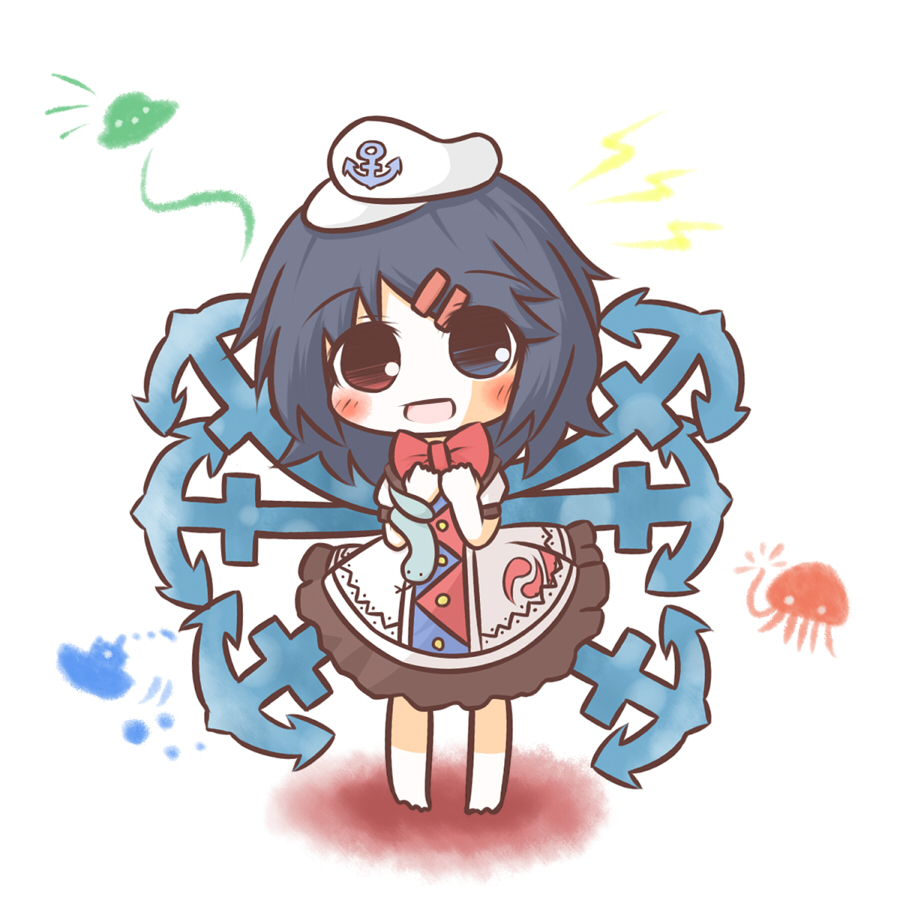 :d anchor bad_id bad_pixiv_id barefoot black_hair blue_eyes blush boat bow bowtie chibi dress full_body fusion hair_ornament hairclip hands_on_own_chest hat heterochromia houjuu_nue if_they_mated jellyfish lightning_bolt looking_at_viewer multiple_wings murasa_minamitsu octopus open_mouth puffy_sleeves red_eyes short_hair short_sleeves simple_background smile snake solo south114 standing touhou ufo watercraft white_background wings