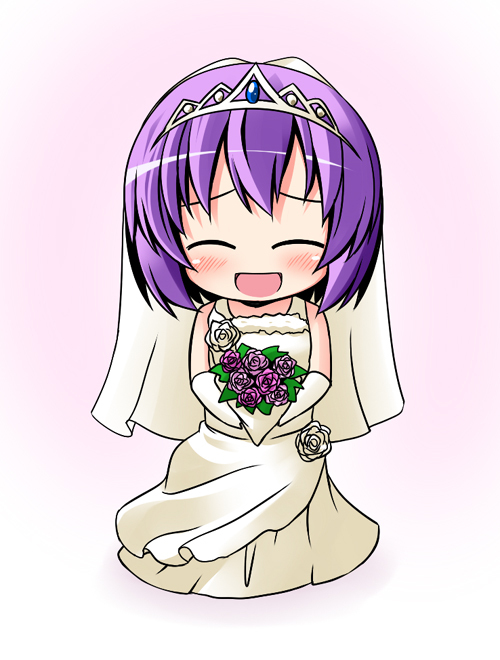 ^_^ blush bouquet bridal_veil chibi closed_eyes dress flower happy ichimi nagae_iku purple_hair rose smile solo tiara touhou veil wedding_dress