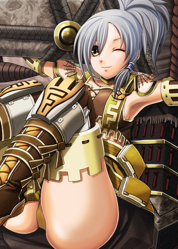 armor boots grey_hair monster_hunter monster_hunter_frontier one_eye_closed ponytail smile solo thigh_boots thighhighs v-mag yellow_eyes
