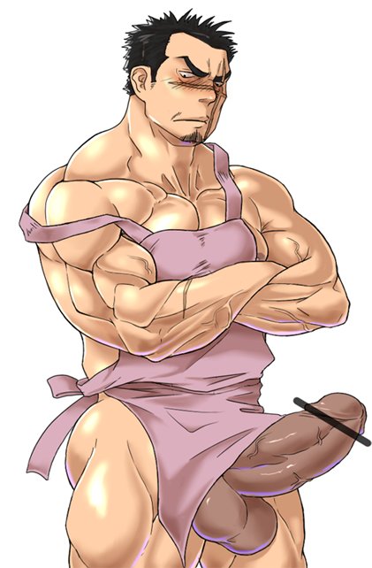 abs apron gouzaburou_seto hands_folded male male_focus muscle muscles penis seto_gouzaburou seto_no_hanayome simple_background solo testicles what