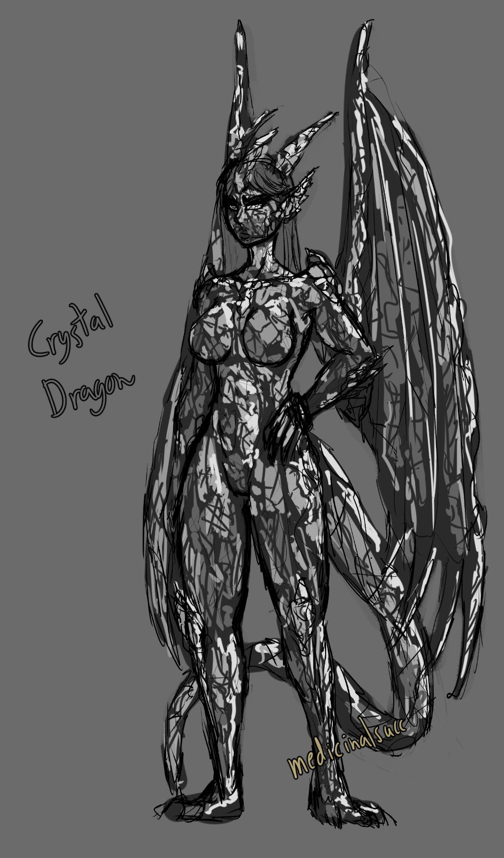2019 breasts claws crystal crystal_creature crystal_dragon digital_media_(artwork) dragon female hi_res horn humanoid humanoid_pointy_ears looking_at_viewer medicinal_succ mineral_fauna monster_girl_(genre) not_furry nude pathfinder pussy simple_background solo wings