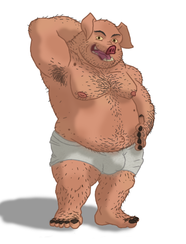 anthro armpit_hair belly belly_hair body_hair briefs bulge chest_hair clothed clothing domestic_pig joe looking_at_viewer male mammal mechanic nanoff open_mouth overweight overweight_male solo suid suina sus_(pig) tighty_whities topless underwear white_clothing white_underwear