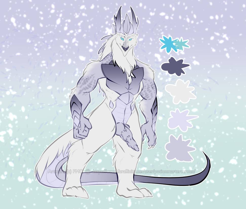 anthro better_version_at_source blue_eyes claws dragon fur horn hybrid long_tail male mammal muscular penis polar_bear potionmastercernun scales solo ursid ursine white_body white_fur