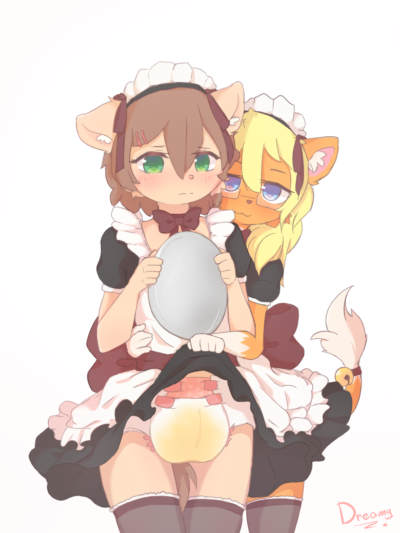 2019 anime anthro bell blue_eyes blush bodily_fluids bow_tie brown_hair clothing clothing_lift diaper dreamyart dress dress_lift duo ear_tuft eyewear felid fur genital_fluids girly glasses green_eyes hair headgear headwear legwear lion maid_uniform male mammal orange_body orange_fur pantherine ribbons simple_background socks standing tan_body tan_fur thigh_highs thigh_socks tuft uniform urine wet_diaper wetting white_background