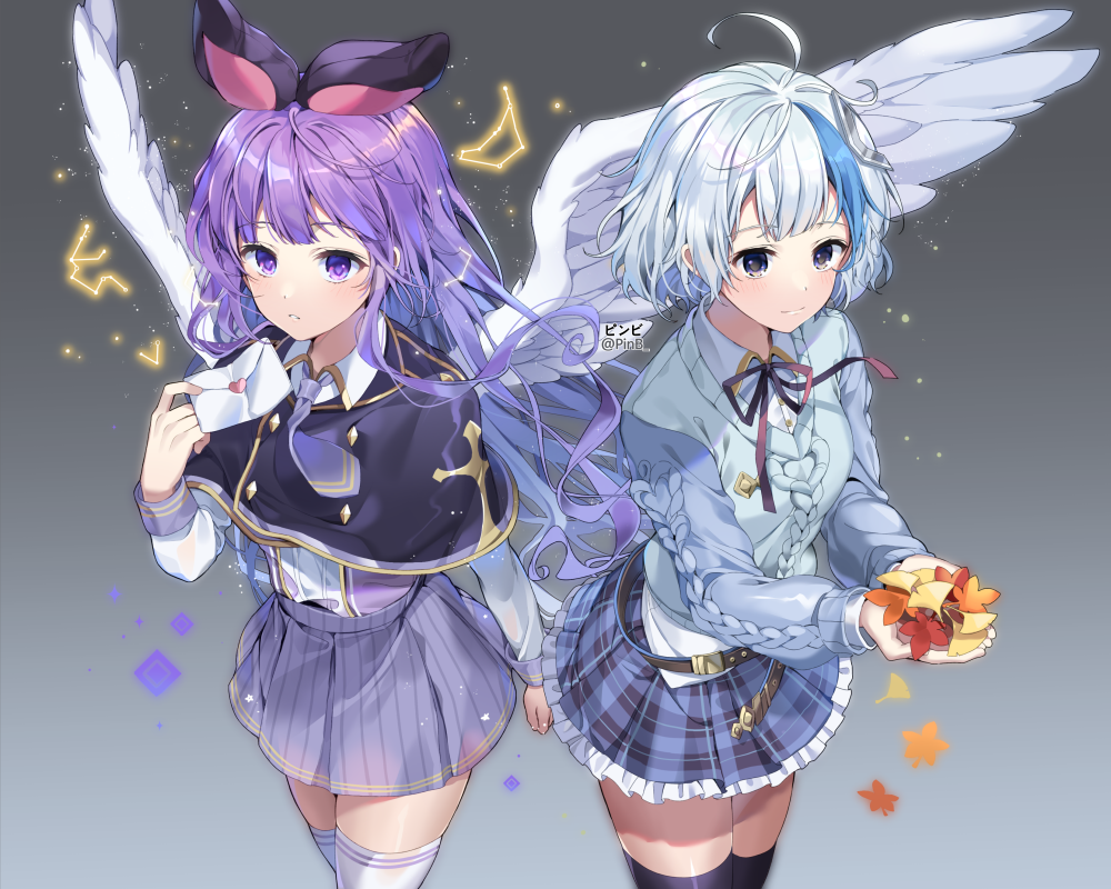 2girls autumn blue_hair cape cropped gradient gray_eyes leaves long_hair original paper pinb purple_eyes purple_hair school_uniform short_hair skirt thighhighs tie watermark wings zettai_ryouiki