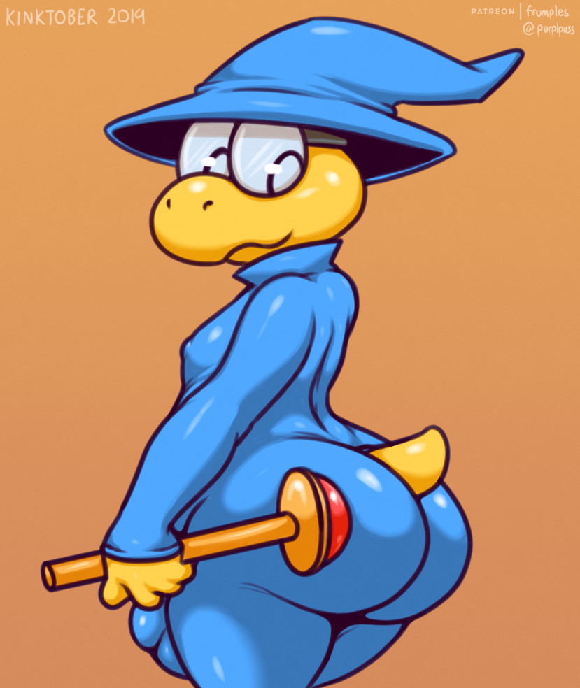 2019 anthro big_butt blue_clothing bulge butt clothing eyewear fluffyfrumples glasses holding_object koopa koopa_troopa magikoopa male mario_bros nintendo reptile scalie simple_background solo spandex tight_clothing video_games wand yellow_body yellow_skin