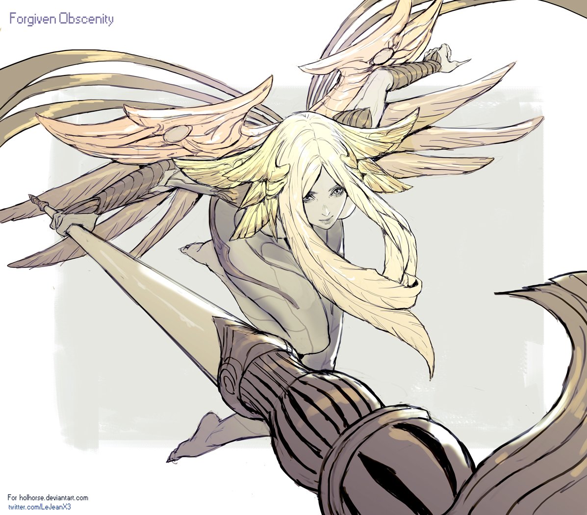 blonde_hair female final_fantasy forgiven_obscenity grey_body grey_skin hair humanoid lejeanx3 melee_weapon monster_girl_(genre) not_furry polearm sin_eater solo spear square_enix video_games weapon wings
