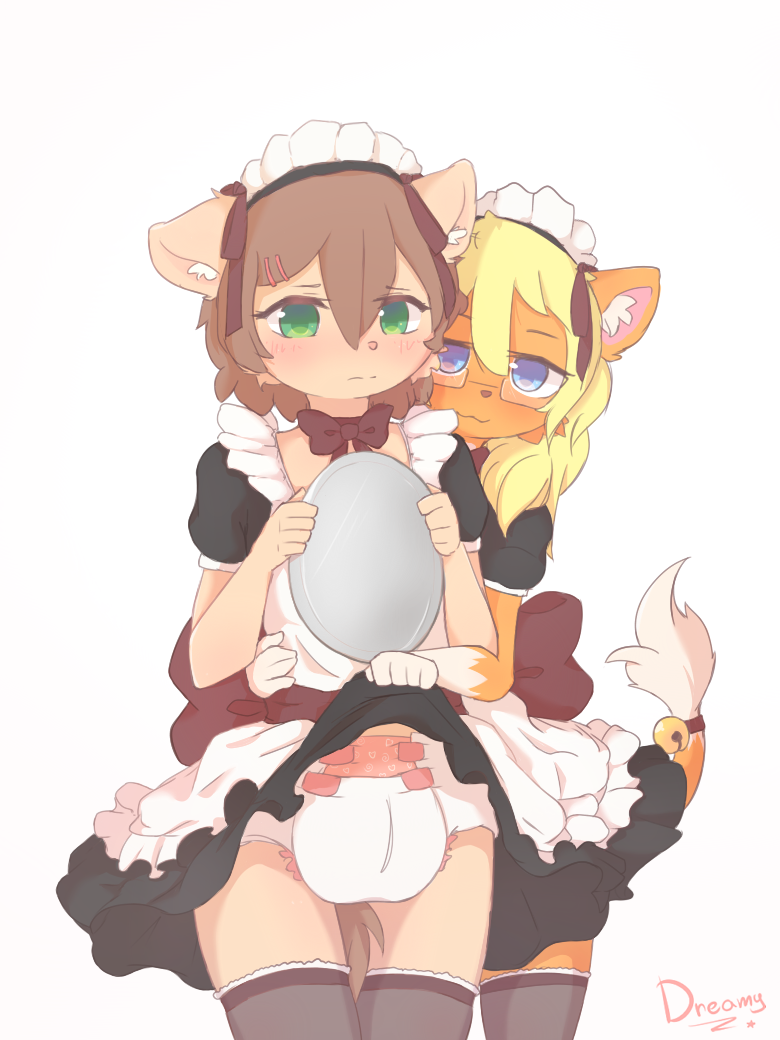 2019 anime anthro bell blue_eyes blush bow_tie brown_hair clothing clothing_lift diaper dreamyart dress dress_lift duo ear_tuft eyewear felid fur girly glasses green_eyes hair headgear headwear legwear lion maid_uniform male mammal orange_body orange_fur pantherine ribbons simple_background socks standing tan_body tan_fur thigh_highs thigh_socks tuft uniform white_background