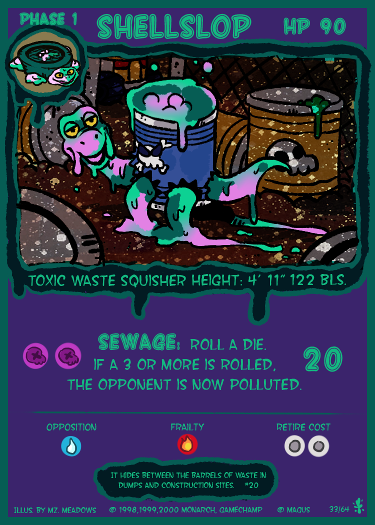 abbystabby ambiguous_gender barrel goo_creature green_body green_skin hypnospace_outlaw parody reptile scalie shellslop trading_card turthole turtle yellow_eyes