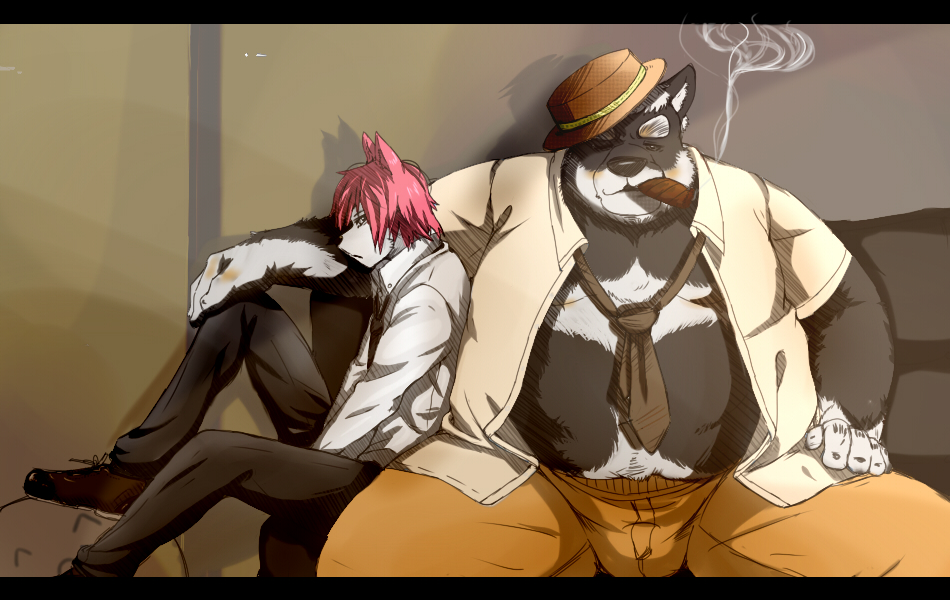 2016 anthro belly bottomwear canid canine canis clothing domestic_dog duo hat headgear headwear inunoshippo male mammal necktie overweight overweight_male pants shirt sitting smoking topwear