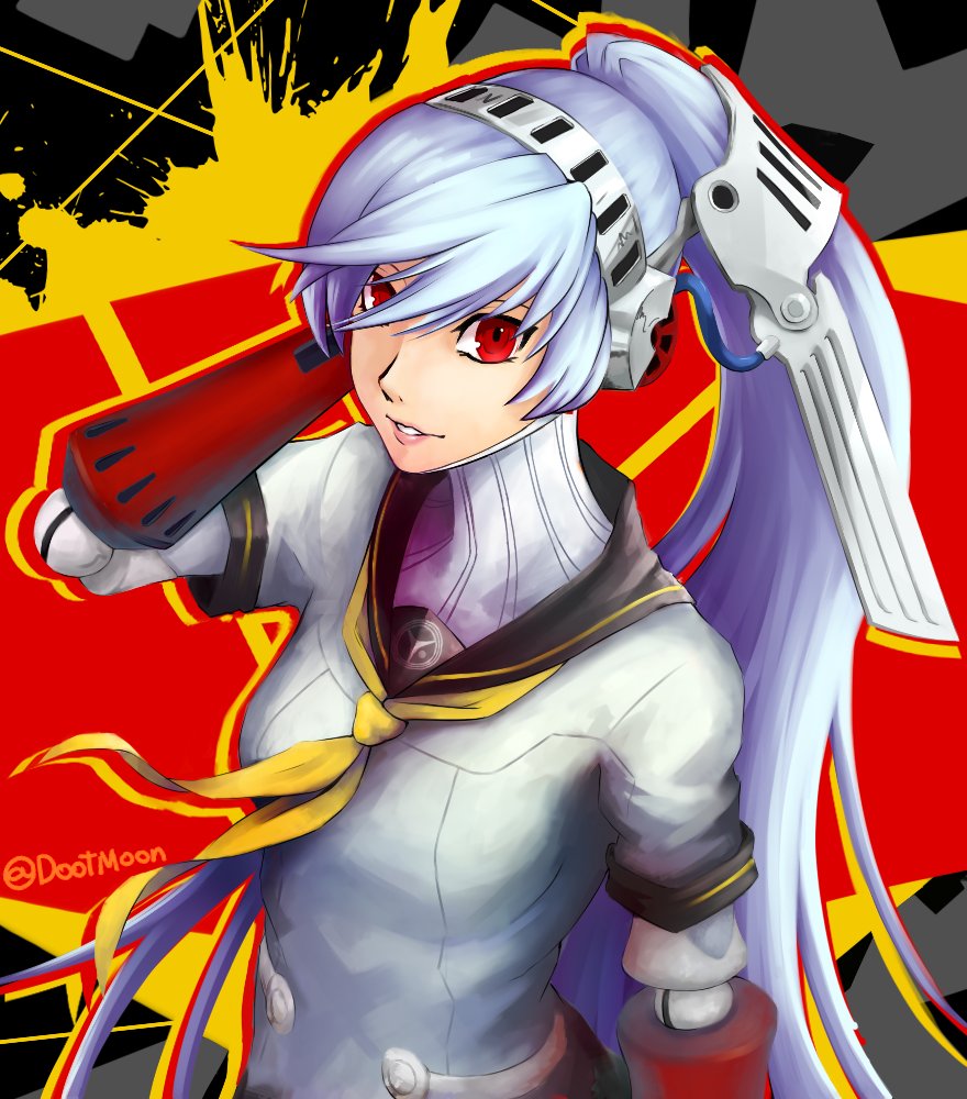 1girl android aqua_hair blue_hair breasts dootmoon hand_on_ear headphones labrys long_hair persona persona_4 persona_4:_the_ultimate_in_mayonaka_arena ponytail red_eyes robot_joints sailor_collar school_uniform serafuku smile solo very_long_hair