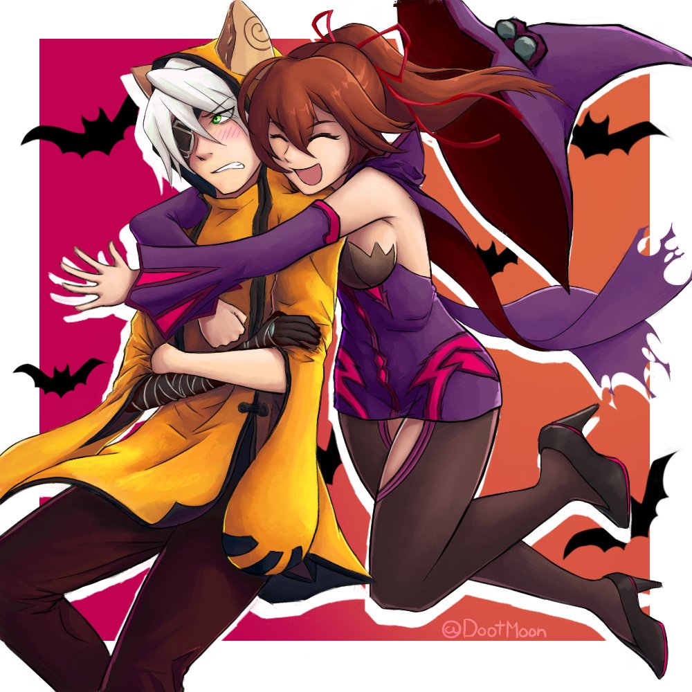 1boy 1girl ahoge animal_ears animal_hood bare_shoulders bat black_gloves black_pants blazblue bloodedge blush bow breasts brown_hair cape cat_ears cat_hood celica_a_mercury cleavage cosplay detached_sleeves devoured_by_darkness dootmoon eyepatch glomp gloves green_eyes hair_ribbon halloween halloween_costume hat heterochromia high_heels hood hug hug_from_behind jubei jubei_(blazblue) jubei_(cosplay) konoe_a_mercury konoe_a_mercury_(cosplay) long_hair medium_breasts pants ponytail ragna_the_bloodedge red_eyes ribbon signature silver_hair smile thigh_cutout thighhighs tsundere witch_hat