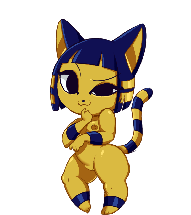 alpha_channel animal_crossing ankha_(animal_crossing) anthro blue_hair breasts domestic_cat felid feline felis female fur hair kronilix looking_at_viewer mammal nintendo nipples nude pose pussy simple_background smile solo standing striped_tail stripes transparent_background video_games yellow_body yellow_fur