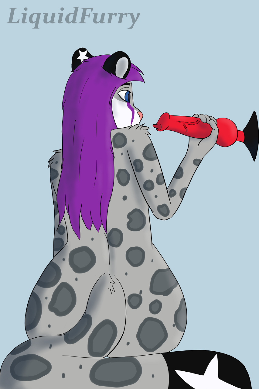 animal_dildo animal_sex_toy anthro canine_dildo dildo felid female hair hi_res liquidfurry mammal pantherine purple_hair rear_view sex_toy snow_leopard solo star