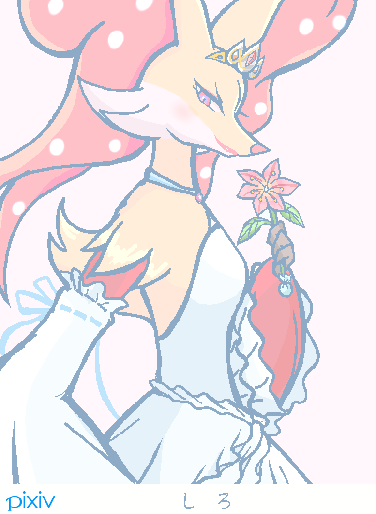 2019 blush canid canine clothing crown delphox dress female flower fur gd-058 holding_object jewelry lipstick makeup mammal necklace nintendo plant pok&eacute;mon pok&eacute;mon_(species) red_body red_eyes red_fur simple_background smile solo tiara video_games wedding_dress white_background yellow_body yellow_fur