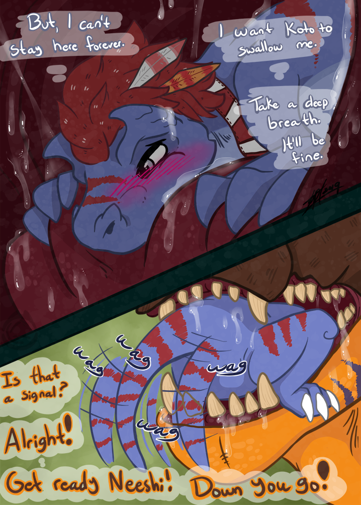 2019 allomon ambiguous_gender black_border blue_body blue_scales blush bodily_fluids border comic detailed_background digimon digimon_(species) digital_drawing_(artwork) digital_media_(artwork) dinosaur drooling duo english_text fangs feral front_view green_background greymon markings open_mouth oral_vore orange_body orange_scales red_markings reptile saliva saliva_string scales scalie sharp_teeth simple_background size_difference soft_vore solo_focus stripes tailwag teeth text thought_bubble three-quarter_view tongue vore vorekingdom