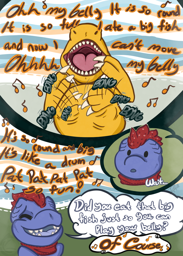 2019 abdominal_bulge agumon allomon ambiguous_gender belly black_border blue_body blue_scales border claws comic dialogue digimon digimon_(species) digital_drawing_(artwork) digital_media_(artwork) dinosaur duo english_text eyes_closed feral front_view grass hair hand_on_stomach musical_note open_mouth outside red_hair reptile scales scalie singing speech_bubble text tongue toony vorekingdom yellow_body yellow_scales