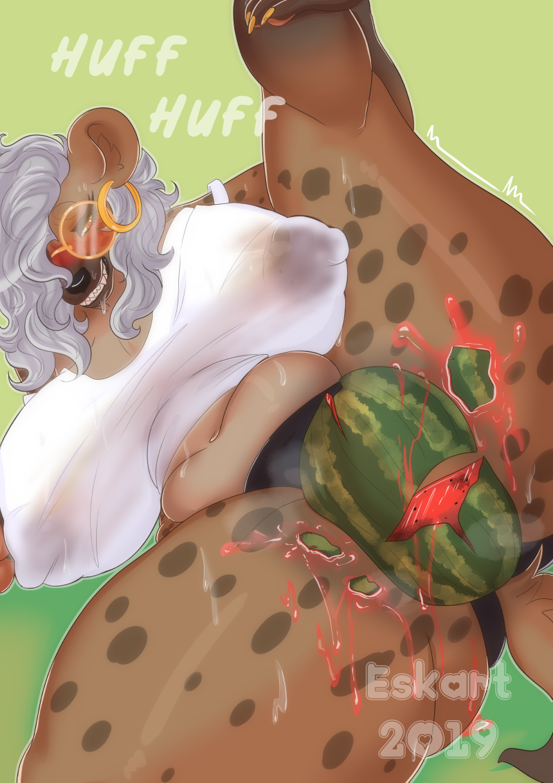 2019 anthro areola big_breasts blush bodily_fluids breasts claws clenched_teeth clothed clothing ear_piercing ear_ring eyewear ezukapizumu female food fruit glasses hair hair_over_eye huge_breasts hyaenid mammal melon nipples piercing plant silver_(ezukapizumu) silver_hair solo spotted_hyena sweat teeth thick_thighs translucent translucent_clothing watermelon