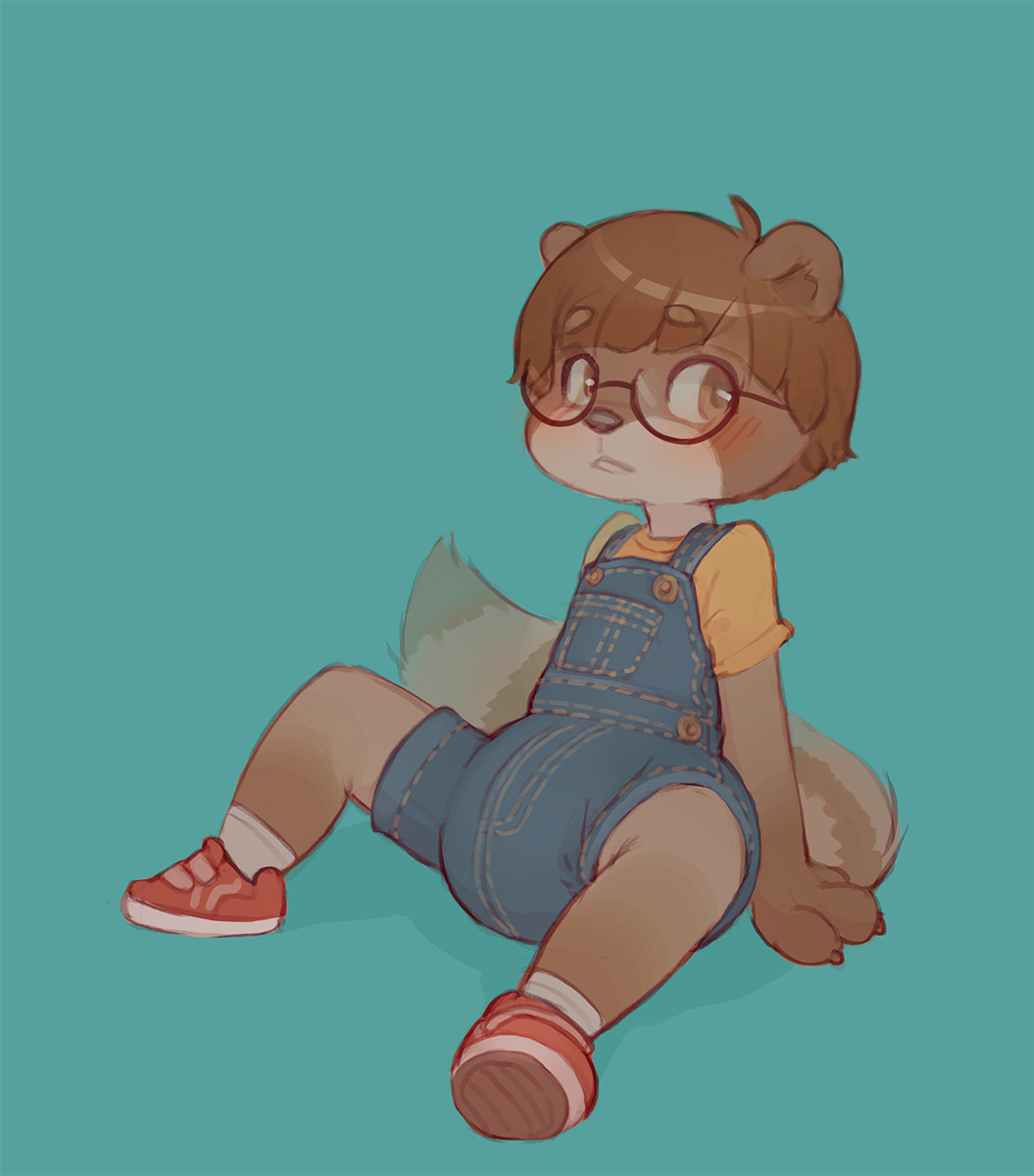 blue_background blush brown_body brown_fur brown_hair clothed clothing cub diaper eyewear fur glasses hair hi_res male mammal overalls procyonid raccoon ringtail simple_background skidoo sneakers solo young