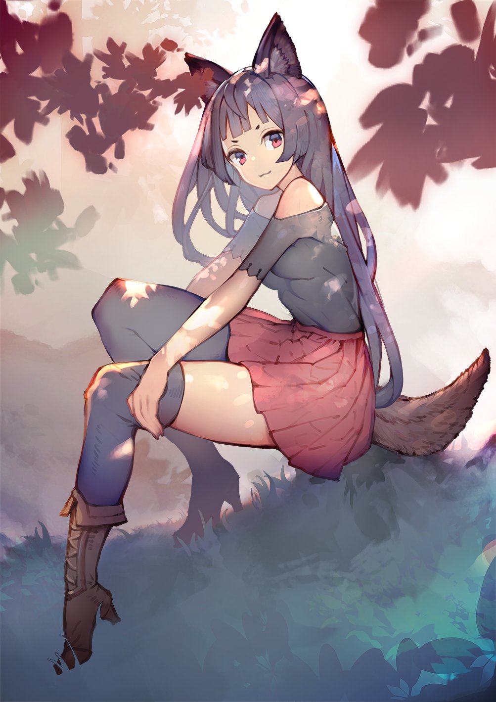 1girl animal_ear_fluff animal_ears bangs bare_shoulders black_hair black_legwear black_shirt boots breasts brown_footwear commentary_request from_side grass high_heel_boots high_heels highres imaizumi_kagerou long_hair looking_at_viewer medium_breasts miniskirt off-shoulder_shirt off_shoulder onion_(onion_and_pi-natto) pleated_skirt red_eyes red_skirt shirt short_sleeves sitting skirt smile solo tail thighhighs thighs touhou wolf_ears wolf_tail zettai_ryouiki