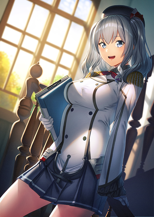 1girl beret black_skirt blue_eyes blush breasts epaulettes gloves hat jacket kantai_collection kashima_(kantai_collection) kyon_(fuuran) large_breasts long_hair long_sleeves looking_at_viewer military military_jacket military_uniform miniskirt neckerchief open_mouth pleated_skirt red_neckwear sidelocks silver_hair skirt smile solo tsurime twintails uniform wavy_hair white_gloves white_jacket window