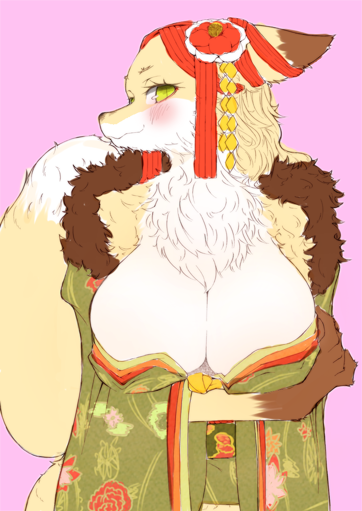 anthro asian_clothing big_breasts blush breasts canid canine cleavage clothed clothing east_asian_clothing female fluffy fluffy_tail fox green_eyes japanese_clothing kemono kimono looking_at_viewer mammal muramasa:_princess_commander okabe_masatsuna pink_background silicon_studio silinder simple_background smile solo