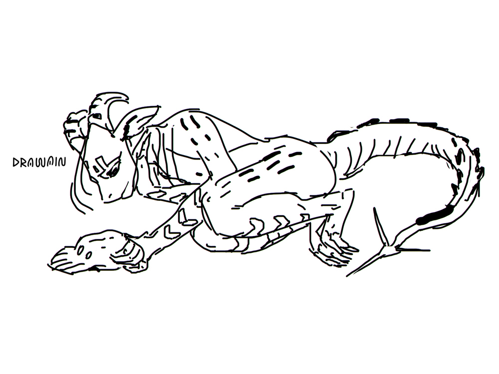 anthro bone dragon drawain female lying sad scalie sketch skull