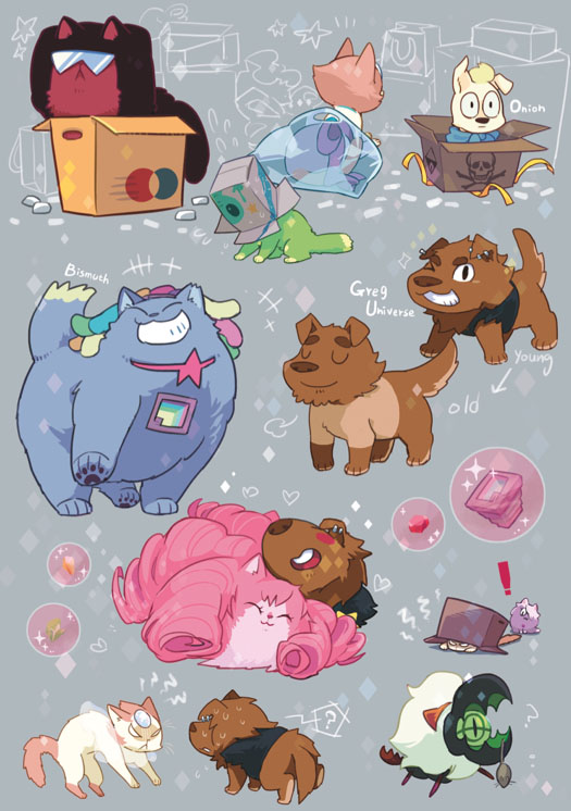 ! amethyst_(steven_universe) angry animal bag bismuth_(steven_universe) blank_eyes box box_on_head bubble cardboard_box cat character_name closed_eyes closed_mouth clothed_animal covered_face cuddling directional_arrow dog ear_piercing facing_away facing_viewer fenman garnet_(steven_universe) gem greg_universe grin hair_over_one_eye heart hiding in_bag in_box in_container looking_at_another mouse multicolored_hair nephrite_(steven_universe) no_humans one_eye_closed one_eye_covered onion_(steven_universe) paws pearl_(steven_universe) peridot_(steven_universe) piercing plastic_bag rose_quartz_universe skull_print smile smug steven_universe sunglasses sweat sweating_profusely younger