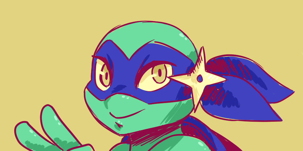 2019 ambiguous_gender anthro bandanna inkyfrog leonardo_(tmnt) looking_at_viewer mask ranged_weapon reptile scalie shell shuriken simple_background smile solo teenage_mutant_ninja_turtles turtle weapon yellow_background yellow_eyes