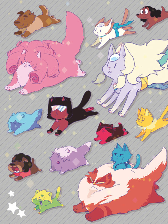 :3 afro amethyst_(steven_universe) animal animalization blue_ribbon cat closed_eyes closed_mouth clothed_animal connie_maheswaran dog fenman forehead_jewel garnet_(steven_universe) glasses greg_universe grey_background jasper_(steven_universe) jewelry jitome lapis_lazuli_(steven_universe) necklace no_humans opal_(steven_universe) open_mouth pearl_(steven_universe) pendant peridot_(steven_universe) ribbon riding rose_quartz_universe ruby_(steven_universe) running sapphire_(steven_universe) sash shirt smug star steven_quartz_universe steven_universe sunglasses t-shirt yellow_pearl_(steven_universe)