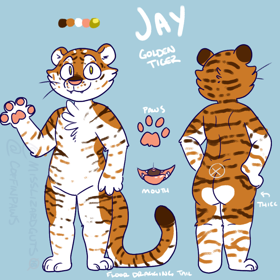 1:1 2019 3_toes 4_fingers anthro blue_background brown_body brown_fur butt chest_tuft coffinpaws color_swatch dipstick_tail english_text fangs felid fingers fur gesture green_eyes hands_on_hips jay_(jayshyguy) looking_at_viewer mammal model_sheet multicolored_tail pantherine pawpads pink_pawpads simple_background smile solo standing text thick_thighs tiger toes tongue tuft watermark waving white_body white_fur