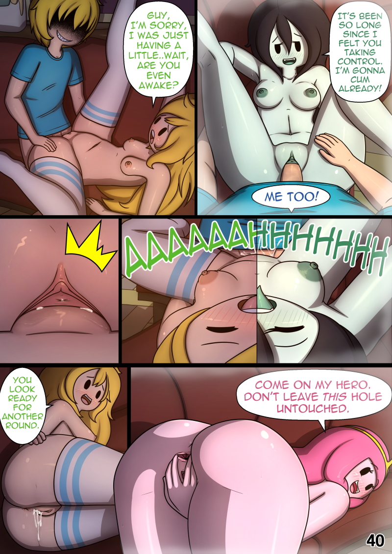 adventure_time anus areola blonde_hair bodily_fluids breasts butt cartoon_network clothing comic cubby_chambers cum cum_in_pussy cum_inside dialogue digital_media_(artwork) english_text female finn_the_human fionna_the_human genital_fluids grey_body grey_skin hair human human_on_human human_on_humanoid humanoid interspecies lying male male/female mammal marceline_abadeer nipples on_back pale_skin penetration presenting presenting_anus princess_bubblegum pussy selfcest shirt speech_bubble square_crossover t-shirt text topwear vaginal vaginal_penetration vampire