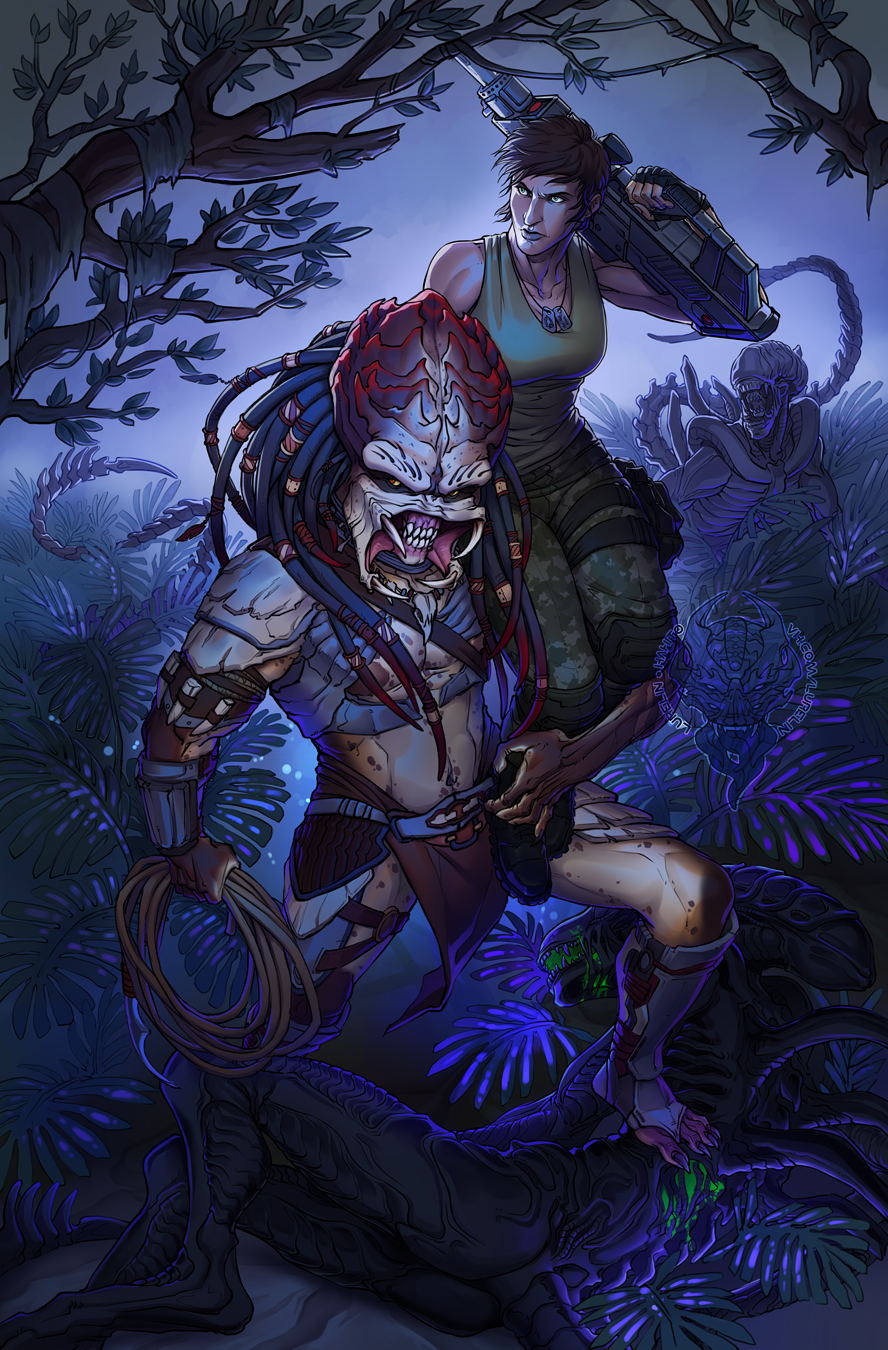 alien alien_(franchise) ambiguous_gender breasts clothed clothing dreadlocks female ferns forest fully_clothed green_blood group gun hair hi_res human kahito-slydeft loincloth lurelin mammal nipples plantigrade predator_(franchise) ranged_weapon rifle science_fiction sharp_teeth short_hair teeth tree weapon xenomorph yautja