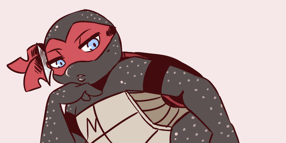 2019 ambiguous_gender anthro arm_support armband bandanna bedroom_eyes blue_eyes brown_background freckles half-closed_eyes inkyfrog leaning_on_elbow looking_at_viewer mask mole_(marking) raphael_(tmnt) reptile scalie seductive shell simple_background teenage_mutant_ninja_turtles turtle