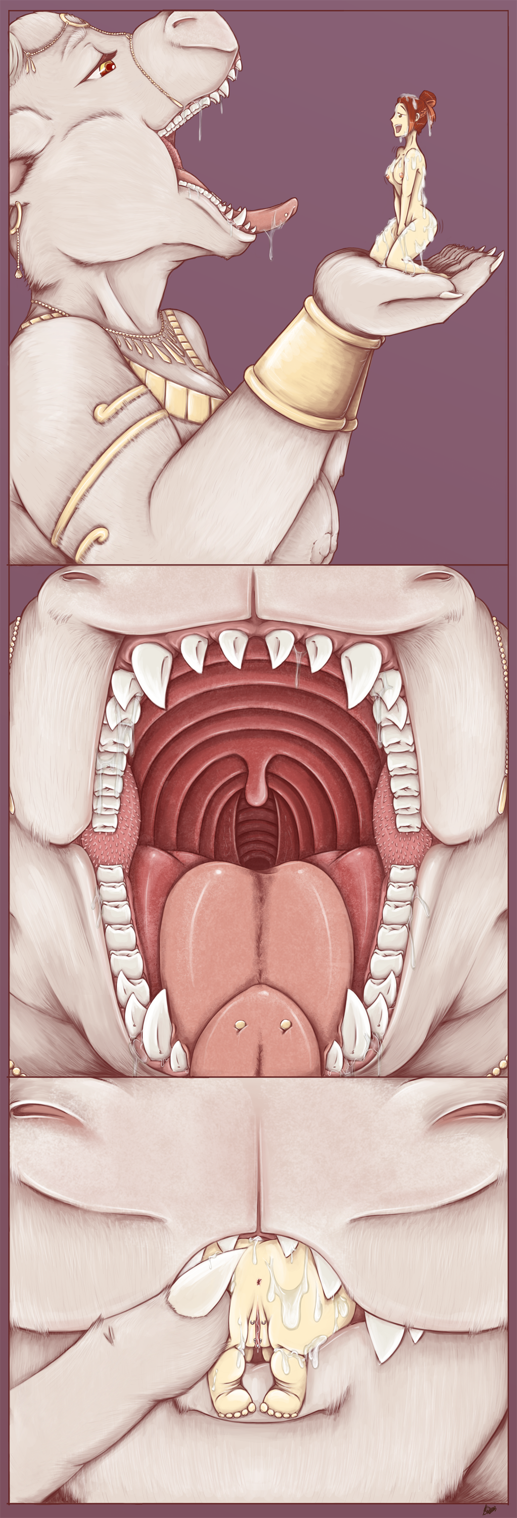 absurd_res anthro anthro_pred anus bodily_fluids bovid bovine breasts bukkake butt cum duo feet female female/female female_pred female_prey genital_fluids genital_piercing hi_res human human_prey jewelry kneeling konani macro mammal masturbation micro mouth_shot nipples open_mouth oral_vore piercing pussy saliva simple_background size_difference smile teeth throat tongue tongue_piercing velhara vore yellow_eyes