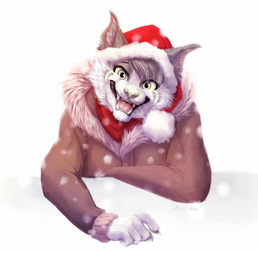 2015 ambiguous_gender anthro cheek_tuft christmas clothed clothing face_tuft fangs felid feline fluffy front_view fur grey_body grey_fur hat headgear headwear holidays inner_ear_fluff jacket looking_at_viewer mammal open_mouth santa_hat simple_background skiaskai snow snowing solo teeth topwear tuft whiskers white_background white_body white_fur