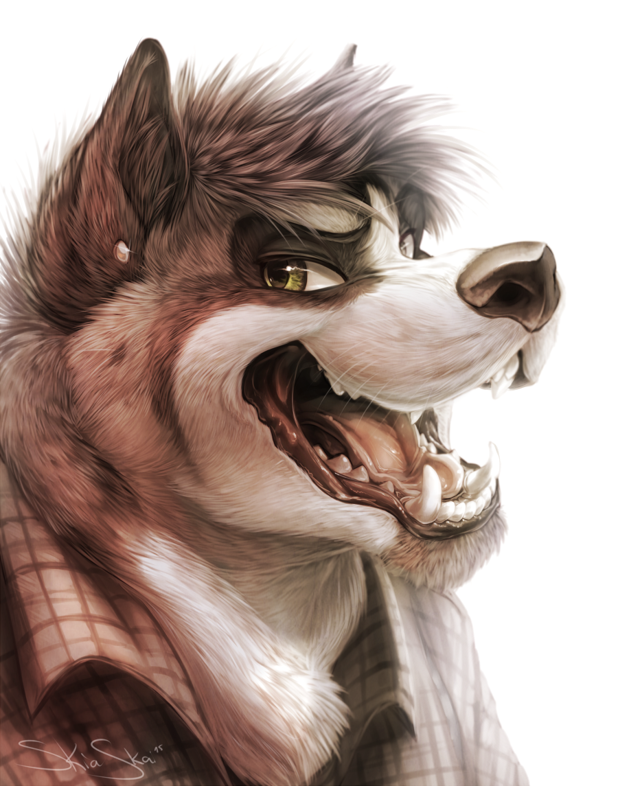 2015 anthro black_nose brown_body brown_fur canid canine chest_tuft clothed clothing fangs fluffy fur green_eyes head_tuft inner_ear_fluff light lighting looking_at_viewer male mammal open_mouth piercing shirt signature simple_background skiaskai solo teeth tongue topwear tuft white_background white_body white_fur