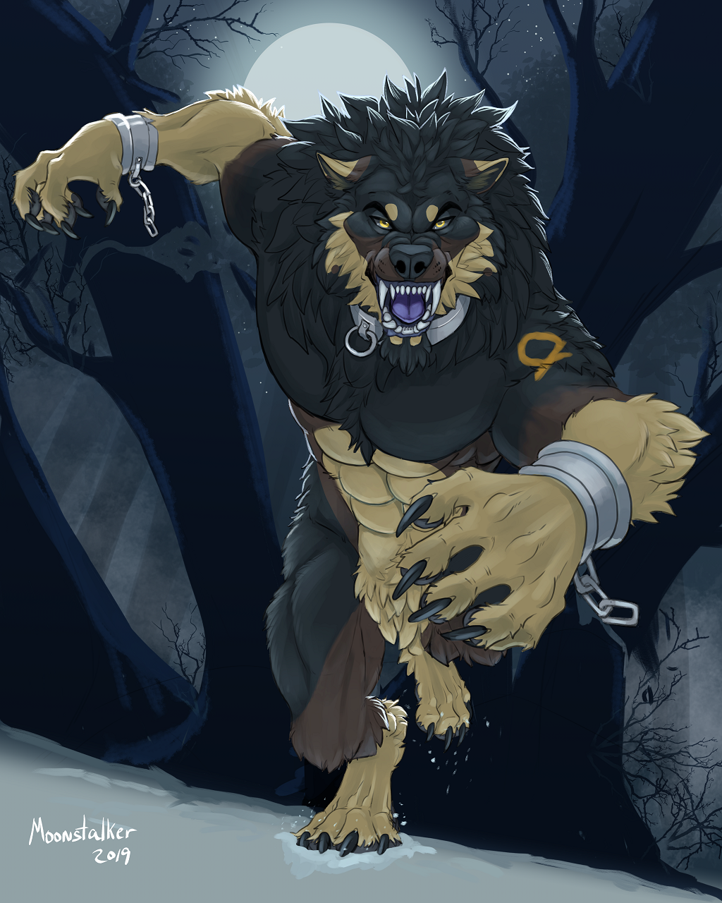 2019 abs amber_eyes angry anthro bayzan black_body black_fur black_sclera brown_body brown_fur canid canine canis chain claws collar domestic_dog fangs fluffy fox full_moon fur german_shepherd grey_sclera herding_dog hi_res hybrid looking_at_viewer male mammal mane menacing metal_collar metal_cuffs moon muscular muscular_male open_mouth pastoral_dog purple_gums purple_tongue richard_foley running shackles snarling snow tongue tree were werecanid werecanine werewolf wolf wolfdog yellow_body yellow_eyes yellow_fur