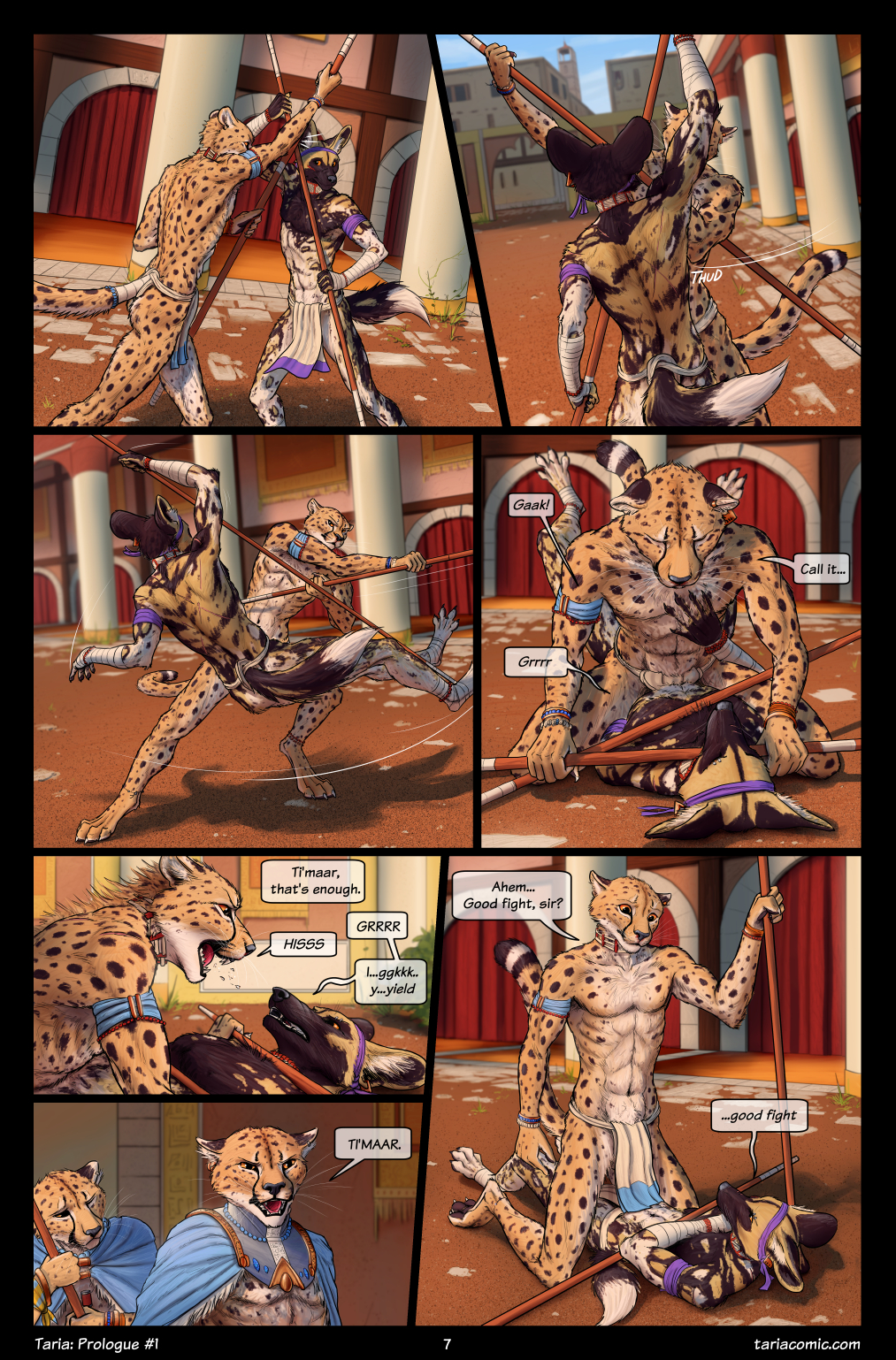 2019 4_toes 5_fingers african_wild_dog anthro canid canine cheetah clothing comic day detailed_background digital_media_(artwork) digitigrade felid feline fingers hi_res holding_object holding_weapon loincloth lying male male/male mammal on_back open_mouth outside red_tongue sky teeth titusw toes tongue weapon