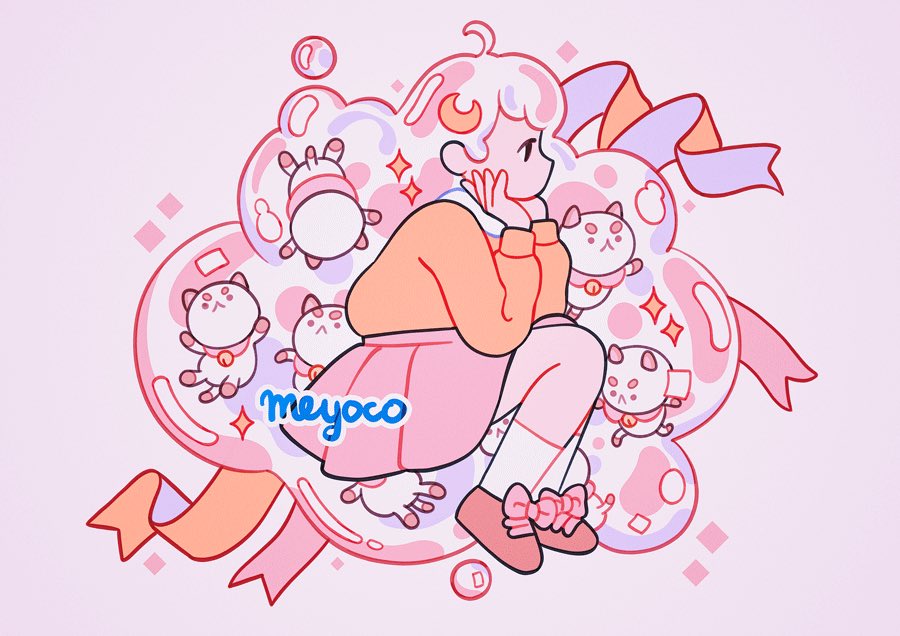 1girl artist_name bee_(bee_and_puppycat) bee_and_puppycat black_eyes bow brown_footwear crescent deckard_wizard liquid_hair long_hair long_sleeves meyoco no_nose orange_ribbon orange_sweater pink_background pink_bow pink_ribbon pink_skirt profile ribbon shoes short_hair simple_background skirt solo sweater very_long_hair white_legwear