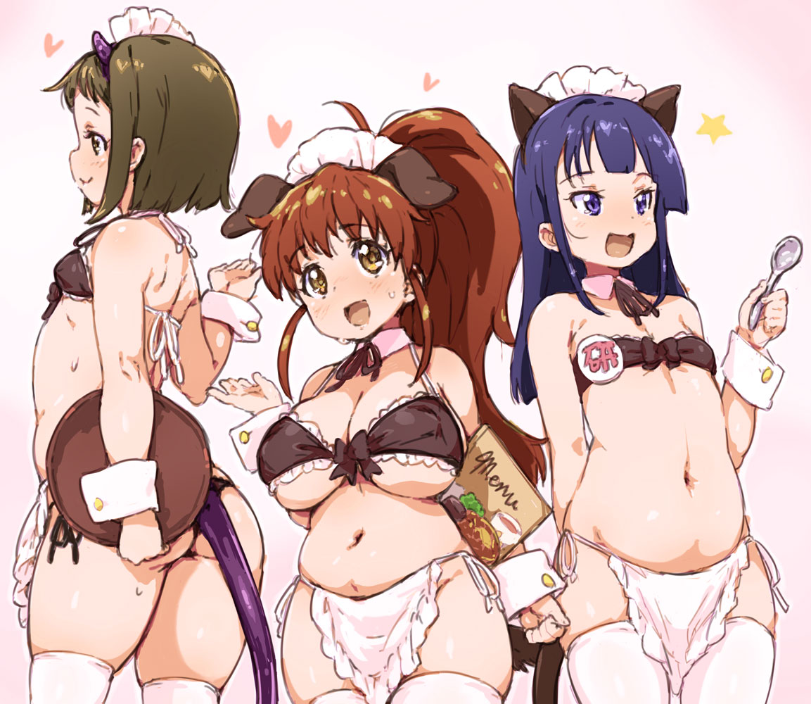 3girls :d animal_ears apron ass bangs bikini black_bikini blush breasts brown_eyes brown_hair cat_ears commentary_request covered_nipples demon_horns dog_ears eyebrows_visible_through_hair fake_animal_ears fake_horns heart horns large_breasts long_hair menu multiple_girls navel open_mouth ponytail purple_eyes purple_hair randou short_hair side-tie_bikini skindentation small_breasts smile spoon standing stomach sweat swimsuit tail takanashi_nazuna taneshima_popura thighhighs tray underwear very_long_hair waist_apron waitress white_apron white_legwear working!! wrist_cuffs yamada_aoi