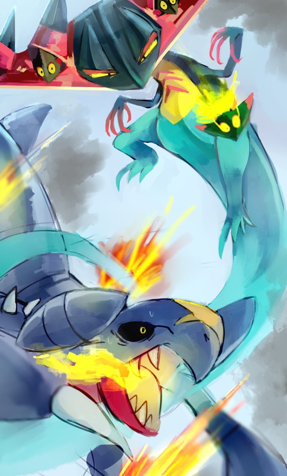 2019 ambiguous_gender claws dragapult dragon duo fight fire garchomp hi_res nintendo pkbunny pok&eacute;mon pok&eacute;mon_(species) reptile scalie sharp_teeth teeth unknown_pok&eacute;mon video_games