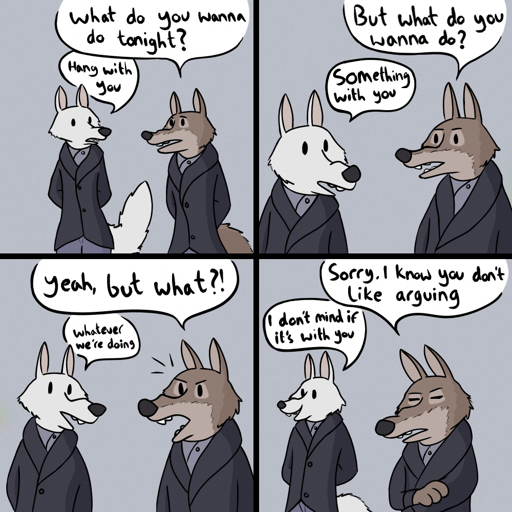 ! ? anothercolouranon anthro bottomwear brown_body brown_fur canid canine canis clothed clothing coat comic dialogue disney duo fully_clothed fur gary_(zootopia) grey_background larry_(zootopia) looking_at_another mammal open_mouth pants simple_background smile speech_bubble teeth topwear vertical_bar_eyes white_body white_fur wolf zootopia