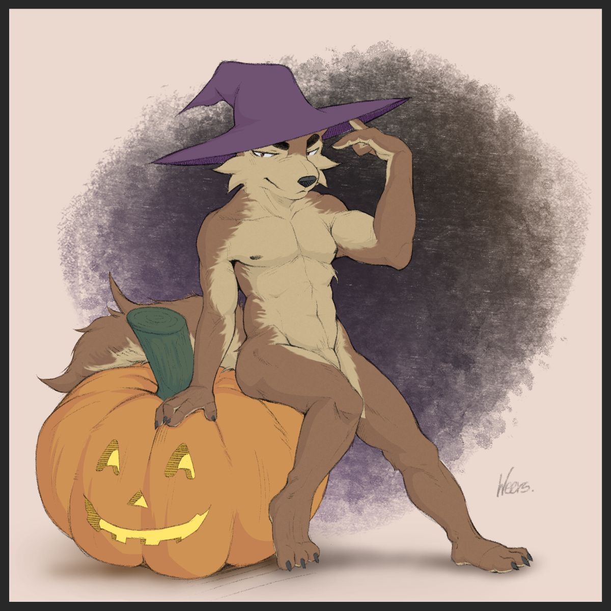 2019 anthro border canid canine clothed clothing digital_media_(artwork) eyebrows food fruit fur halloween hat headgear headwear hi_res holidays jack-o'-lantern kusy looking_at_viewer magic_user male mammal nude partially_clothed plant pumpkin simple_background solo weers witch