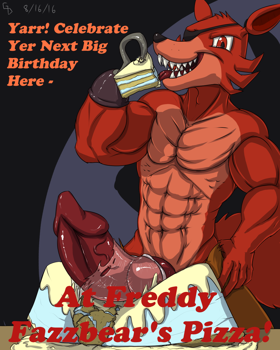 animal_genitalia animal_penis anthro anthrofied biceps big_penis black_nose bottomwear broken_condom cake canid canine canine_penis clothed clothing condom eye_patch eyewear fangs five_nights_at_freddy's food food_play fox foxy_(fnaf) fur glenskunk hi_res hook huge_penis knot male mammal muscular muscular_male open_mouth pants penis red_body red_eyes red_fur sharp_teeth teeth text topless video_games