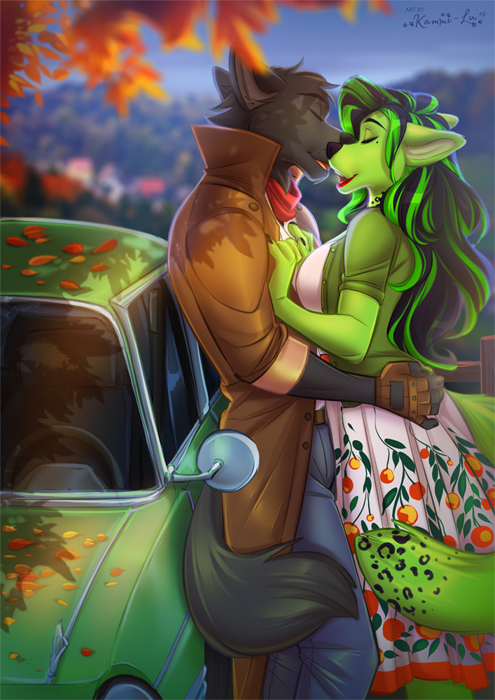 2019 5_fingers anthro black_hair canid canine canis clothed clothing day detailed_background female fingers fur green_body green_fur hair kammi-lu male mammal outside sky smile standing wolf