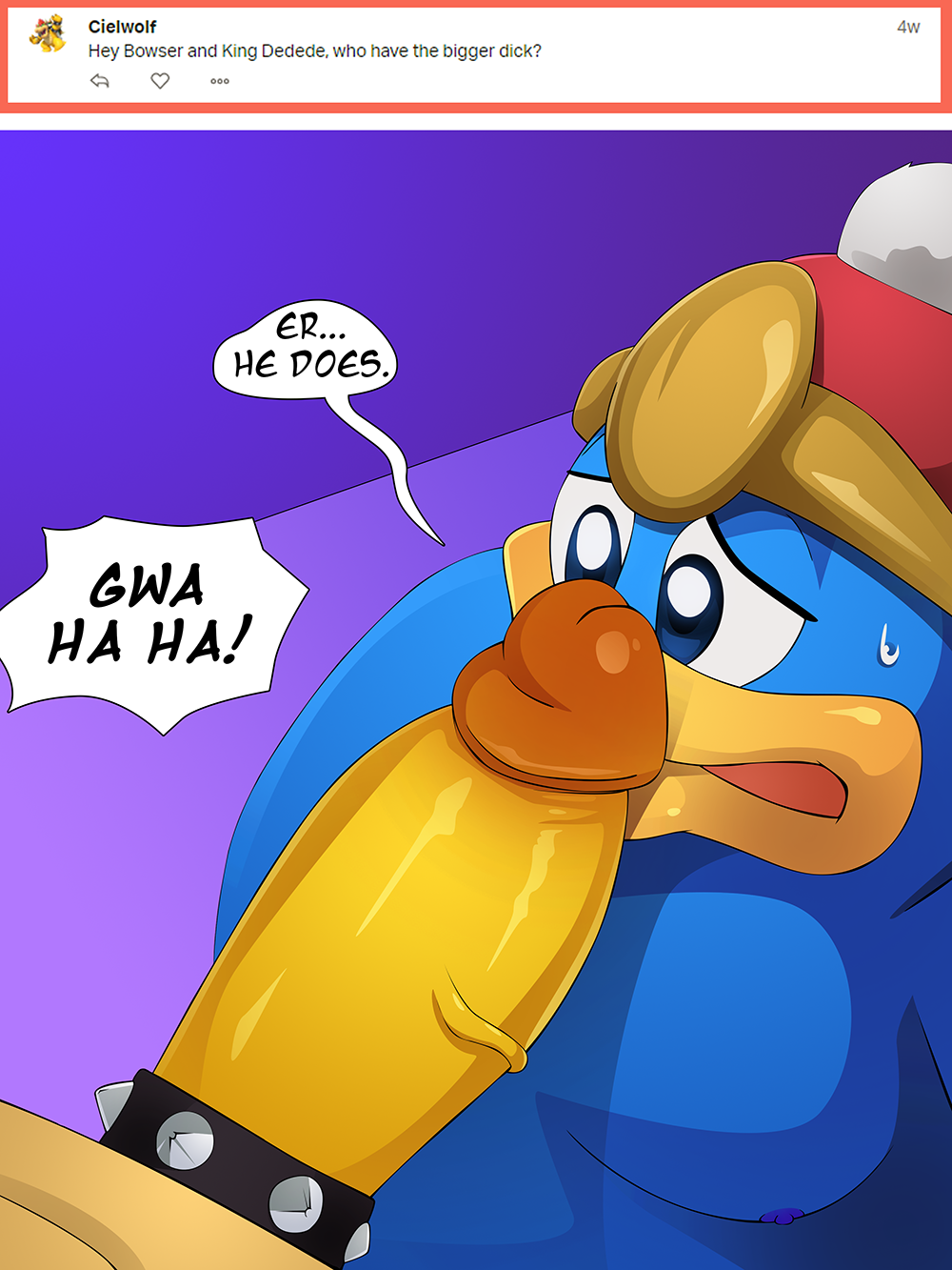 2019 accessory anthro anthro_on_anthro avian beak big_penis bird blue_body blue_eyes blue_feathers blue_nipples bodily_fluids bowser clothing cock_ring dialogue duo english_text erection faceless_male feathers hi_res humanoid_penis interspecies jewelry king_dedede kirby_(series) koopa looking_down male male/male mario_bros nearphotison nintendo nipples penguin penis penis_accessory penis_jewelry penis_on_face purple_background red_clothing red_topwear scales scalie simple_background solo_focus speech_bubble sweat text topwear vein veiny_penis video_games yellow_beak yellow_body yellow_penis yellow_scales