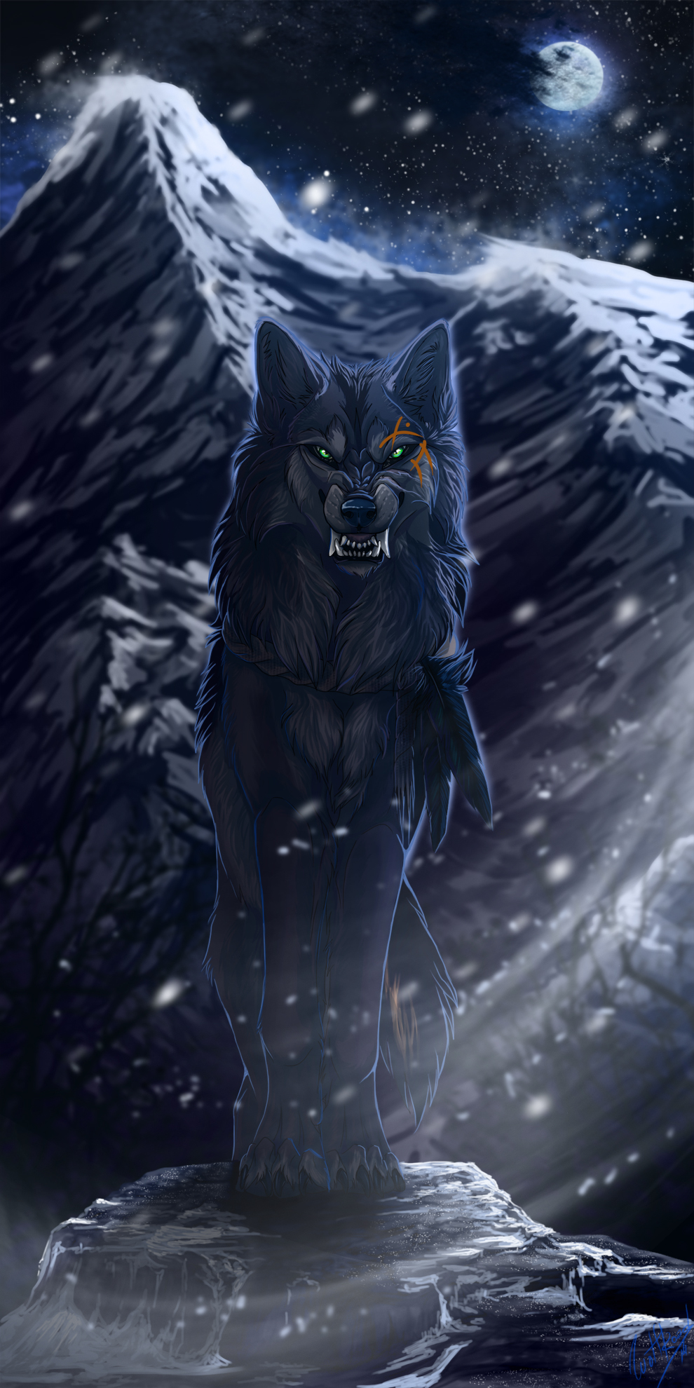 2014 4_toes ambiguous_gender black_body black_fur black_nose canid canine canis claws detailed_background digital_media_(artwork) feral fur green_eyes hi_res mammal moon night open_mouth outside paws sky solo star starry_sky teeth toes wolf wolfroad