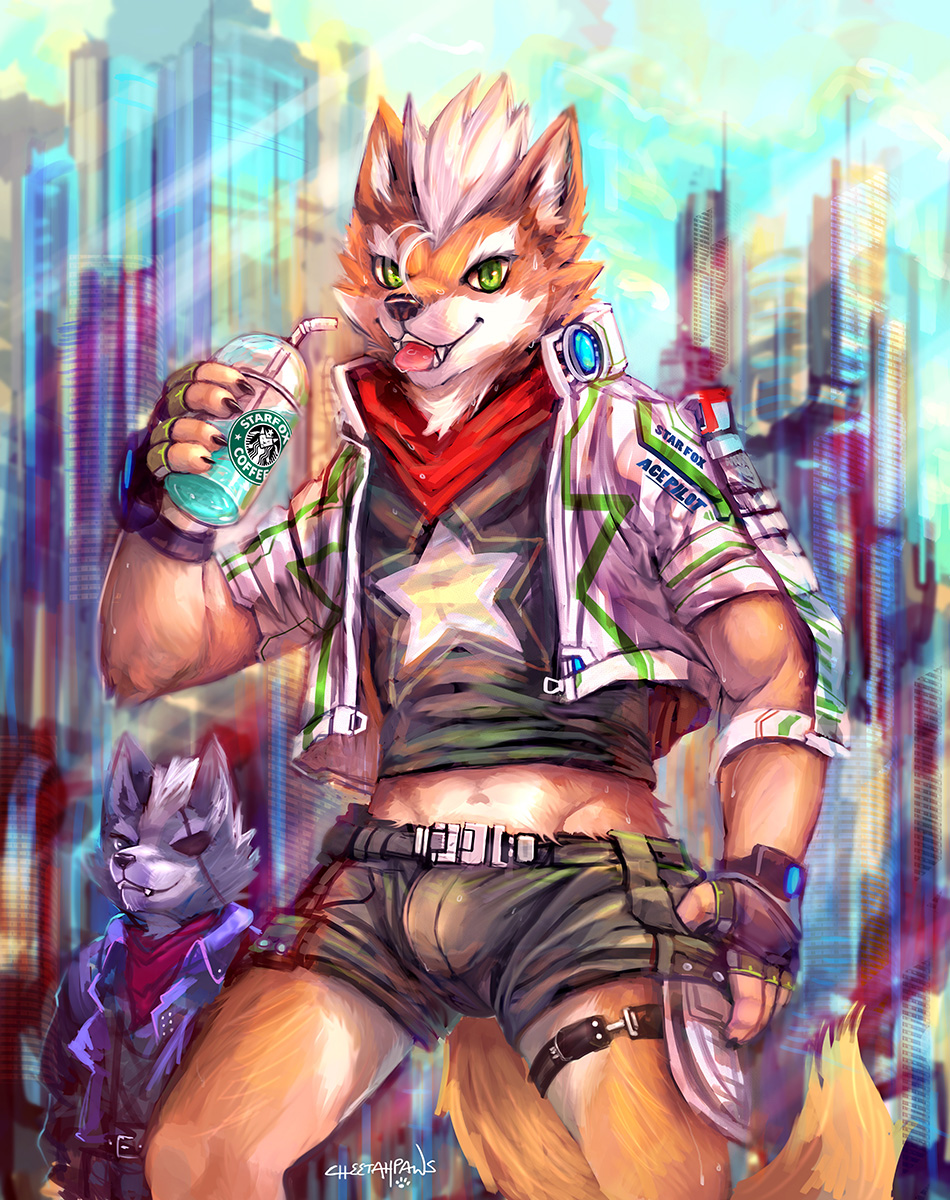 2019 anthro beverage bulge canid canine canis cheetahpaws clothed clothing detailed_background duo fox fox_mccloud front_view hi_res looking_at_viewer male mammal nintendo star_fox starbucks video_games wolf wolf_o'donnell