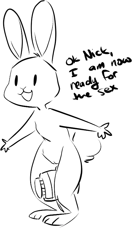 anthro black_and_white briskby dialogue disney english_text female humor judy_hopps lagomorph leporid mammal monochrome open_mouth pussy rabbit simple_background solo standing text vertical_bar_eyes white_background zootopia